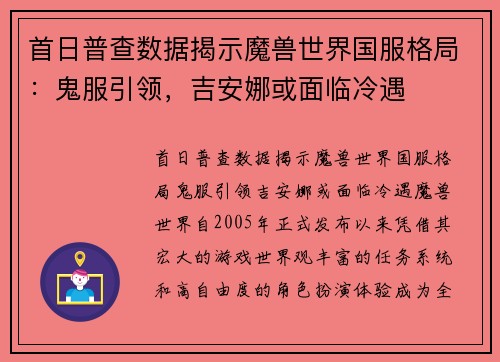 首日普查数据揭示魔兽世界国服格局：鬼服引领，吉安娜或面临冷遇