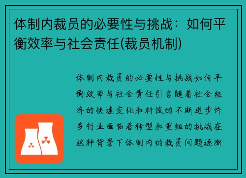 体制内裁员的必要性与挑战：如何平衡效率与社会责任(裁员机制)